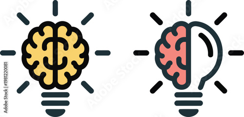 Creative Brain Light Bulb Icons, Innovation, Thinking, and Idea Concept Illustration.