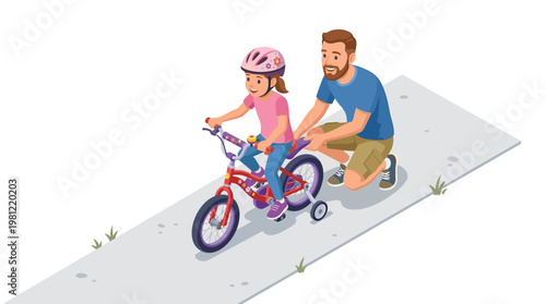 Man helping child ride bike.