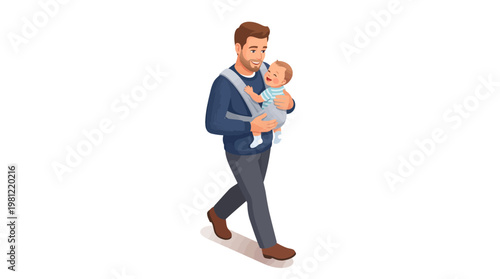 Man carrying baby in sling.
