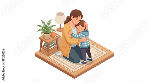 Mother and child hug home.