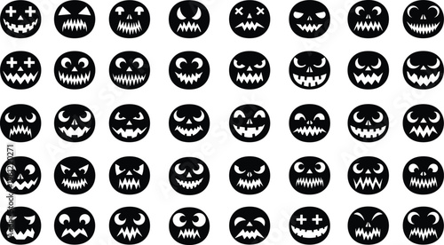 Halloween pumpkin icons collection, scary jack o lantern faces set, spooky round badge silhouettes, horror expression symbols illustration, isolated black vector design elements