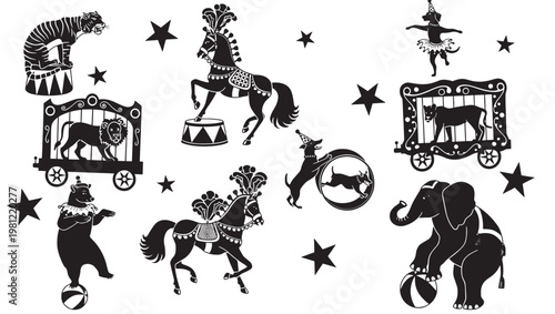 Animals and circus icons set with zebra, lion, elephant, clown ride, stars, and circus wagon illustrations