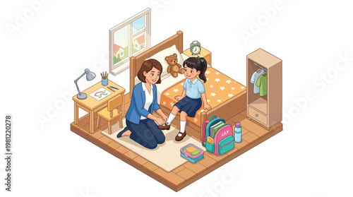 Mother helping child with homework.