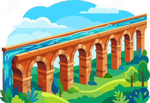 Ancient roman aqueduct bridge carrying water across a lush green landscape