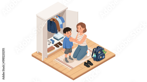 Mother helping son get dressed.