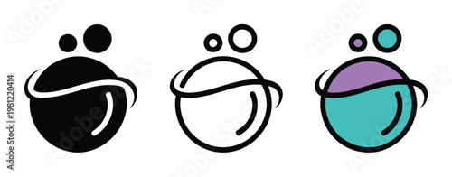 Three stylized of a sphere with orbiting lines and bubbles