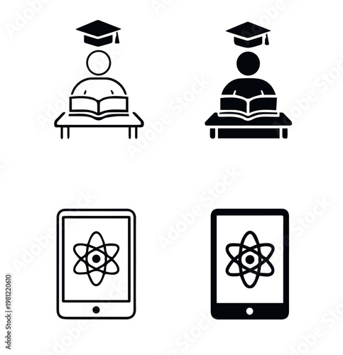 Four education icons arranged in grid showing student reading at desk and science tablet with atomic symbol in outline and solid styles