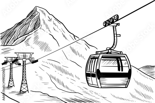 Black and white of a ski lift cable car ascending a snowy mountain