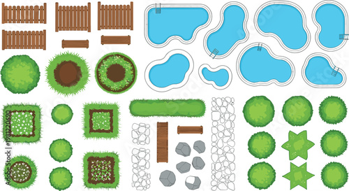 Flat Design Garden Elements Set with Pools, Fences, Rocks, and Greenery for Landscaping and Outdoor Design Projects