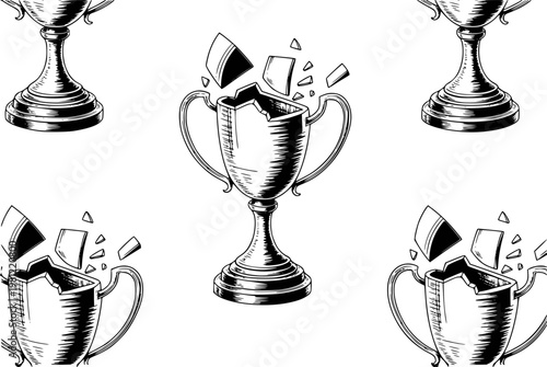 Broken trophy fragments flying outward, vintage style white background competition