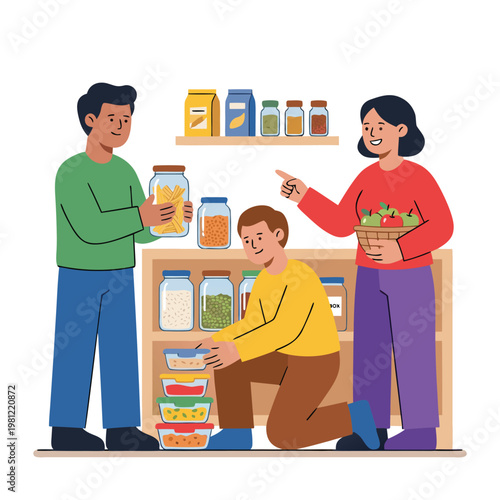 Family organizing pantry with fresh produce and preserved goods.