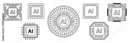 AI chip icons set simple line art vector design technology engineering processor symbol computing circuit illustration isolated