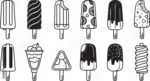 A collection of black and white line drawings of various items and food Vector