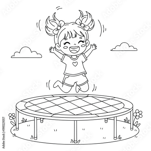 Happy Child Jumping on Trampoline Coloring Page for Kids
