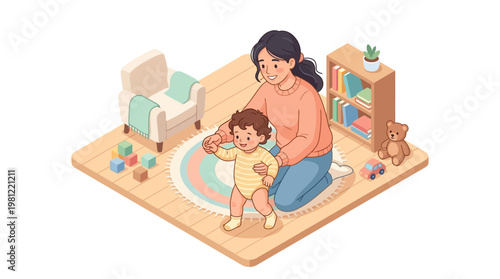 Woman and child play indoors.