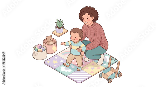 Woman and Toddler on Mat.