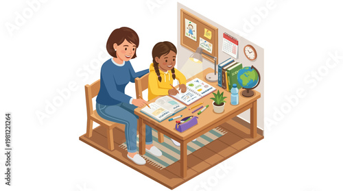 Woman helping young girl learn.