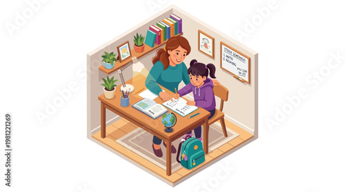 Woman helping young girl study.