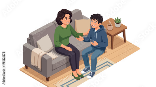 Woman and teenage boy sitting.