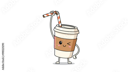 Adorable cartoon character representing a disposable coffee cup with a striped straw, happily winking and waving a hand, perfect for cafe branding or morning routine illustrations.