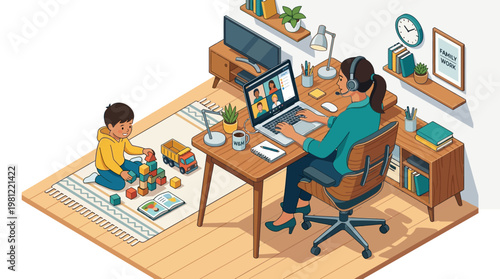 Woman working from home with child.