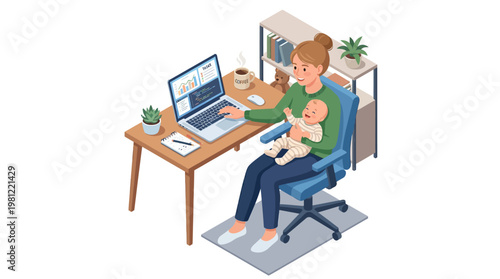 Woman working with laptop and baby.