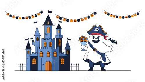 Playful Halloween illustration depicting a happy pirate ghost holding a pumpkin bouquet, standing next to a spooky haunted castle adorned with festive pumpkin garland string lights.
