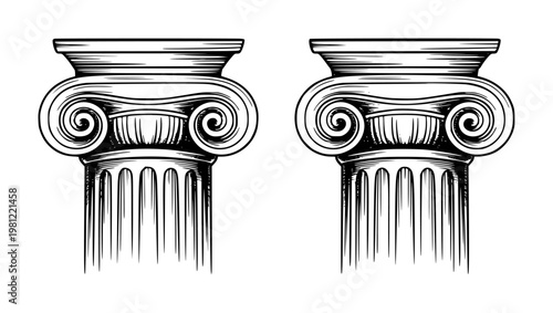 Ionic columns with volutes and fluted shafts, black and white background architecture