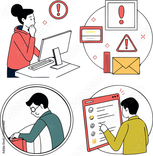 A group of people are shown interacting with technology and warning signs