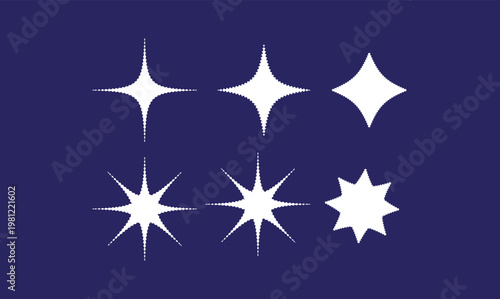 Sparkling stars and starbursts on a dark navy blue background