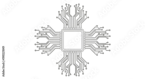 Stylized illustration of a central processing unit (CPU) with intricate circuit board traces extending symmetrically in a cross pattern on a white background.
