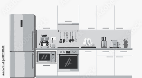 A modern kitchen interior with white cabinets, refrigerator, oven, microwave, and various appliances in a clean, functional design.