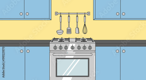 Cartoon illustration of a kitchen interior featuring a gas stove, blue cabinets, and various hanging cooking utensils.
