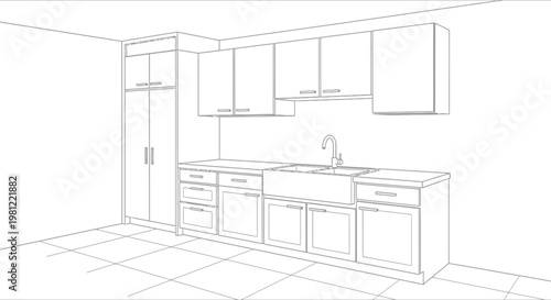 Detailed line drawing of a modern kitchen interior with cabinets, sink, and countertop design.