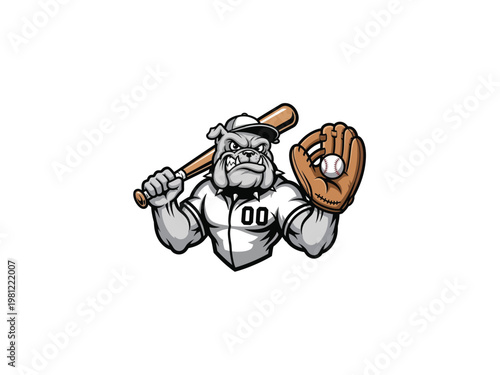 A muscular bulldog wearing a baseball uniform and holding a bat and ball.