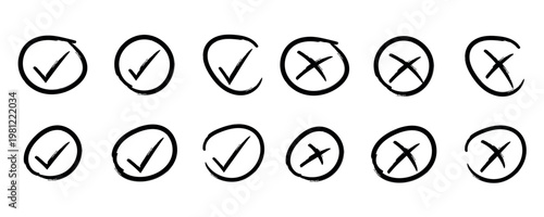 Hand drawn check mark and cross icons set, doodle tick and wrong symbols in circle frames. Marker pen brush stroke sketch checklist elements vector