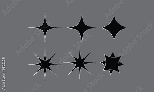 PrintAbstract arrangement of six black star like shapes against a grey background