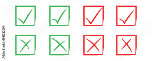 Hand drawn checkbox icons set, green check marks and red cross symbols in square frames. Marker pen doodle tick and wrong signs collection vector illustration