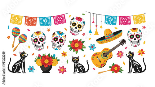 Colorful collection of Dia de los Muertos (Day of the Dead) elements, including sugar skulls, mariachi cats, guitars, maracas, and papel picado banners, perfect for cultural celebrations.