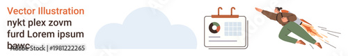 Business planning, productivity, efficiency, time management, workflow, organization. A calendar and a character flying with a jetpack. Time management and productivity concepts
