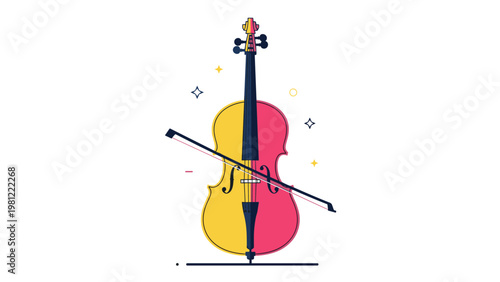 Vibrant and modern illustration of a cello with a bow, featuring a striking split-color design in yellow and pink, ideal for music-related themes or artistic concepts.