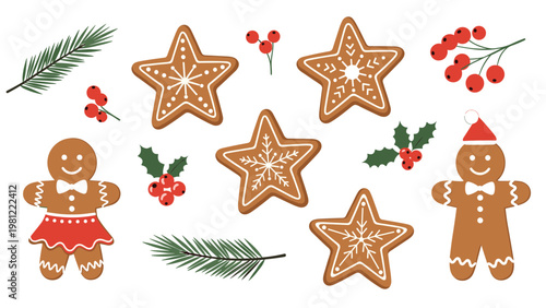 Festive Christmas collection featuring charming gingerbread men and star cookies, adorned with white icing, alongside green pine branches and red holly berries, on a white background.