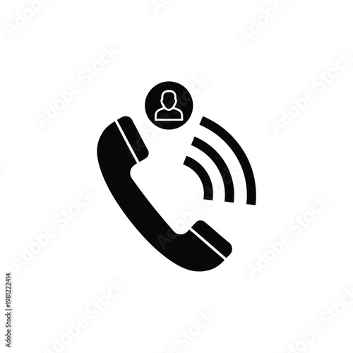 A simple black icon depicts a telephone handset with a silhouette of a person inside a circle high quality