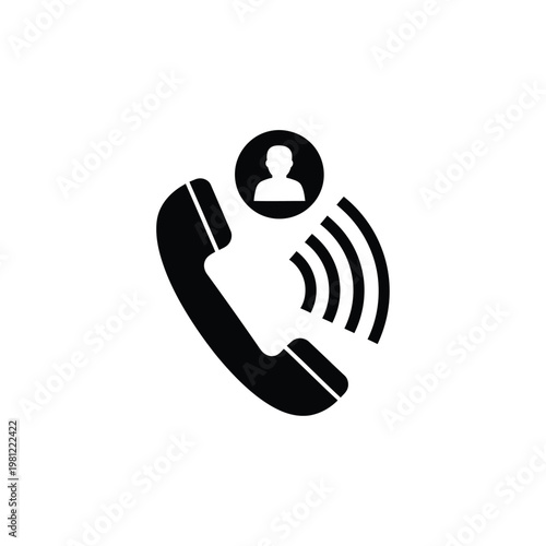 A minimalist black icon depicts a ringing telephone handset with a silhouette of a person within a circular notification