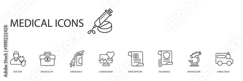 medical icons set outline and Flat Style,transparent background