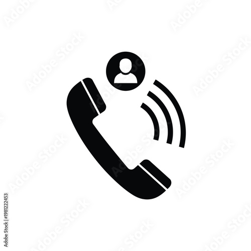 A simple black icon depicts a ringing telephone handset with a person silhouette inside a circle high quality professional