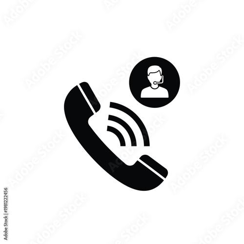 A simple black icon depicts a telephone handset with a small circular portrait of a person speaking high quality