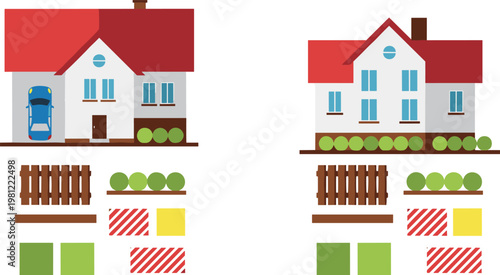 Flat Design House and Garden Elements Set with Fences, Plants, and Landscaping for Residential and Architecture Projects