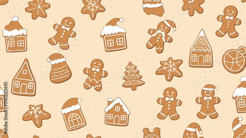 Charming Christmas seamless pattern featuring an assortment of gingerbread cookies in house, star, tree, and gingerbread man shapes, adorned with white icing, on a light beige background.