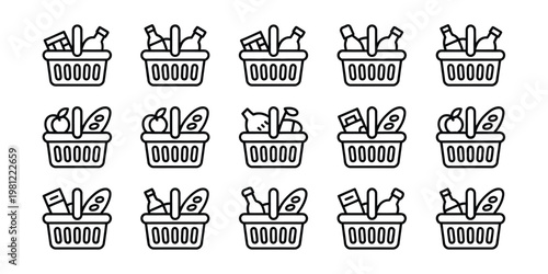 Shopping basket icons set groceries food items hand drawn style vector illustration set of fifteen retail shopping symbols